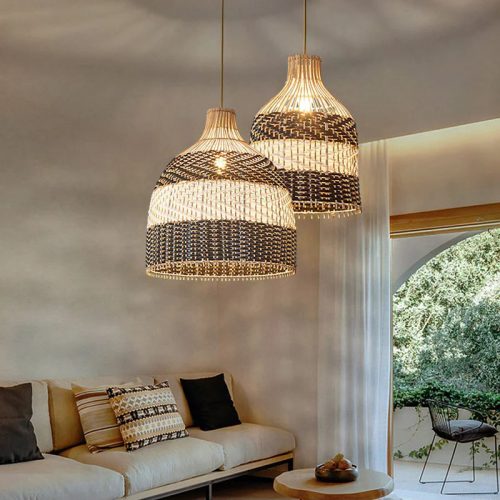 Adjustable Living Room Rattan Pendant Light Fixture