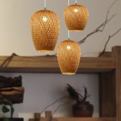 Combo 3 Hanging Pendant Light, Bamboo Lampshade Kitchen Light