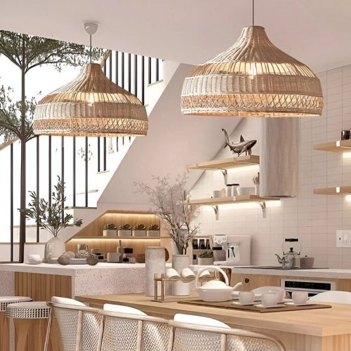 Radiant Rattan Pendant Lighting Over Kitchen Island