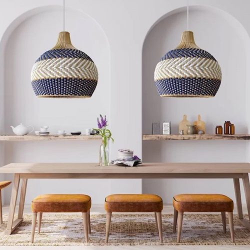 White Blue Rattan Pendant Light Dining Room