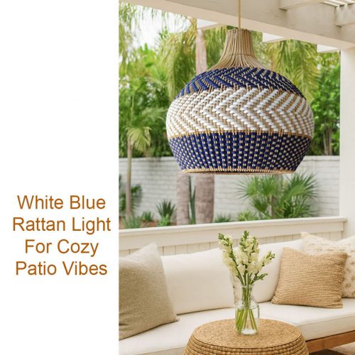 White & Blue Rattan Pendant Light – Perfect For Cozy Patio Vibes