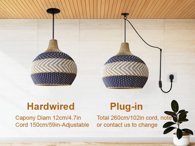 White Blue Rattan Pendant Light Two Option Cords