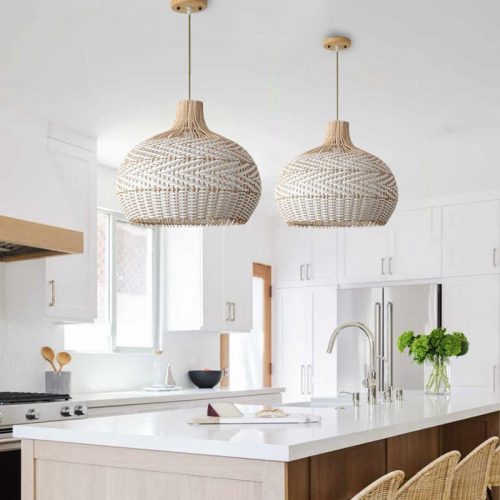 White Ratttan Pendant Light Fixture Kitchen Island