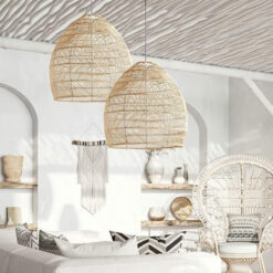 Woven Hanging Rattan Pendant Light Cage Black Beige