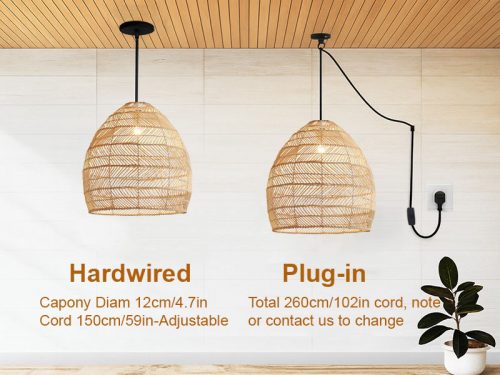 Woven Hanging Rattan Pendant Light Cage Cord Options