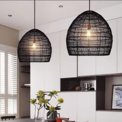 Woven Rattan Cage Light Fixtures Hanging Lampshade Black Beige