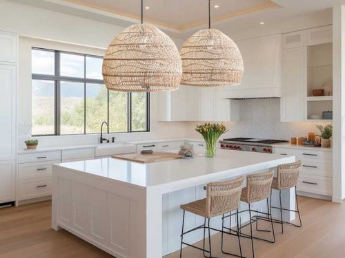 Rattan Pendant Light Cage Over Kitchen Island