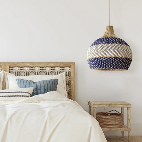 White Blue Rattan Pendant Light For Bedroom