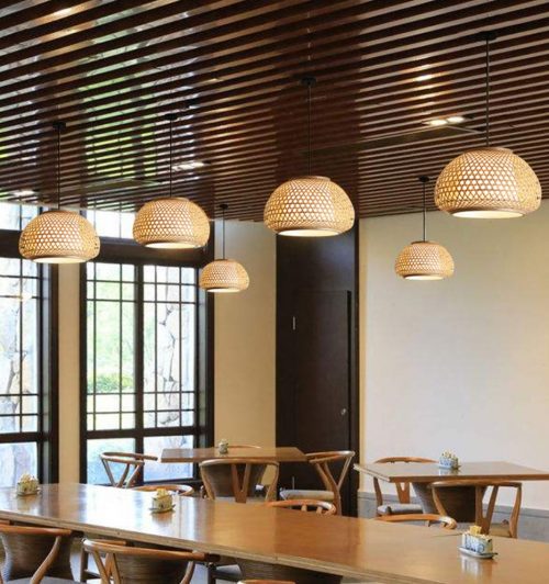 Bamboo Japandi Pendant Light Woven Round Lampshade Restaurant