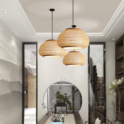 Bamboo Japandi Pendant Light Woven Round Lampshades Dining Room