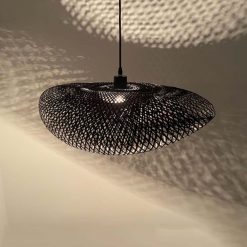Black Wicker Bird Nest Pendant Light Woven Bamboo Lamp Shade