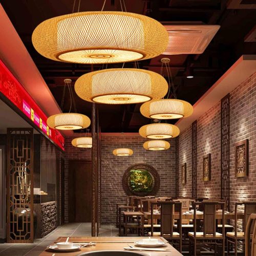 High Quality Bamboo Hanging Chandelier Wicker Light Restaurant