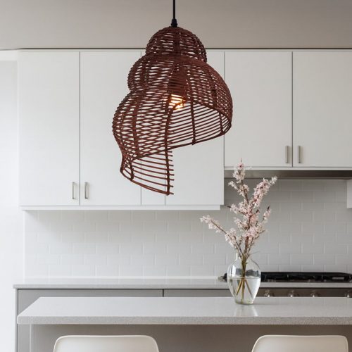 Rattan Spiral Pendant Light Over Kitchen Island