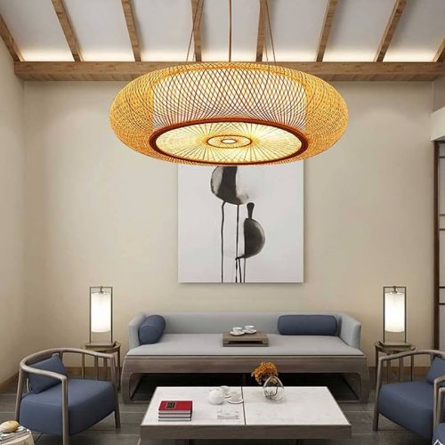 Round Bamboo Chandelier Wicker Light Fixture Living Room