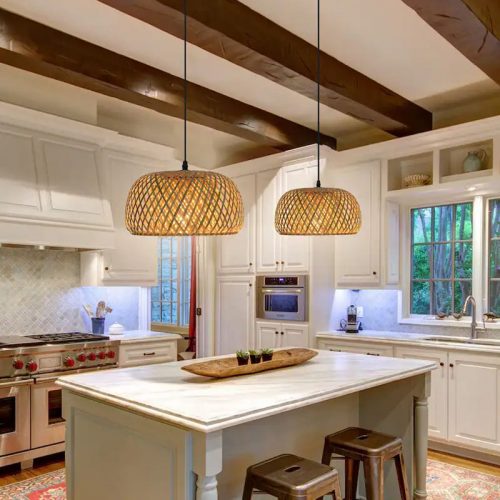 Round Bamboo Pendant Light Fixtures Kitchen Island