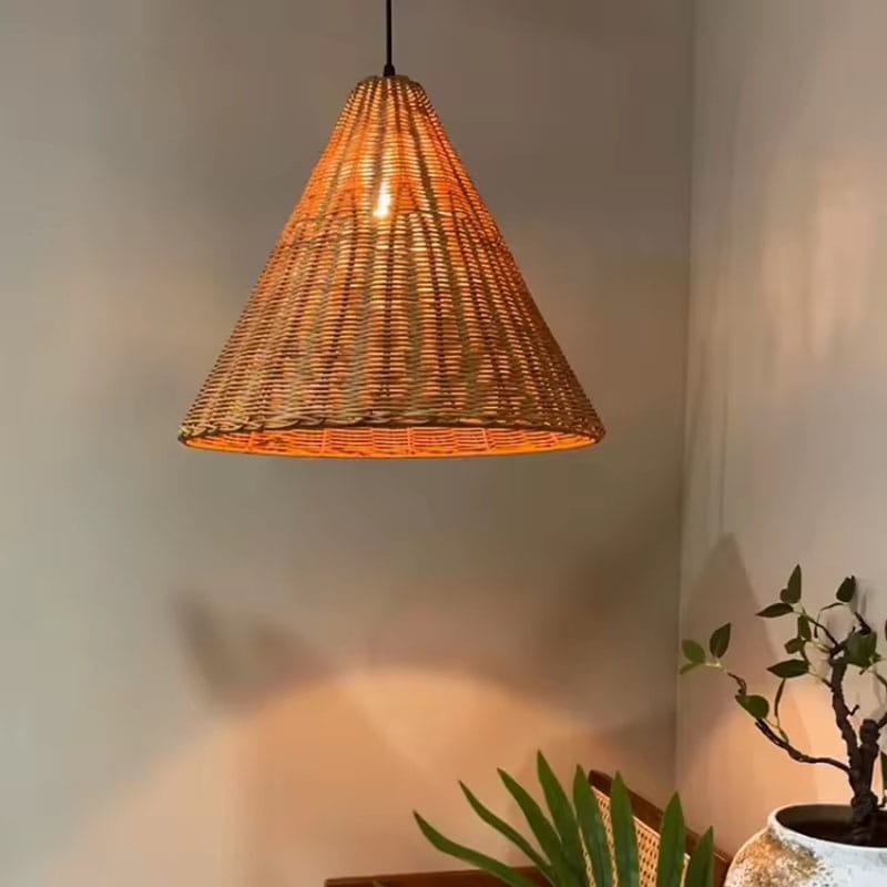 Vintage Rattan Cone Pendant Light Brown Small Corner