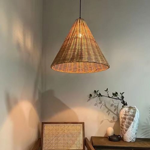 Vintage Rattan Cone Pendant Light Brown Small Reading Nook