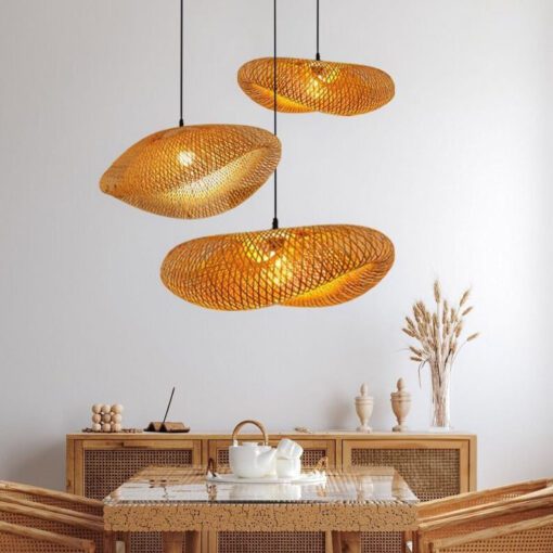 three light pendant bamboo lampshade, bamboo light fixture wicker hanging