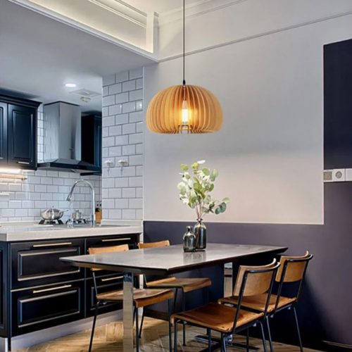 Vintage Slatted Wood Pendant Light Dining Table