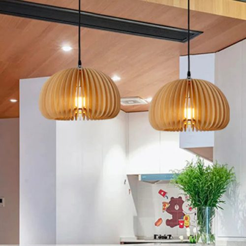 Vintage Slatted Wood Pendant Light Over Island
