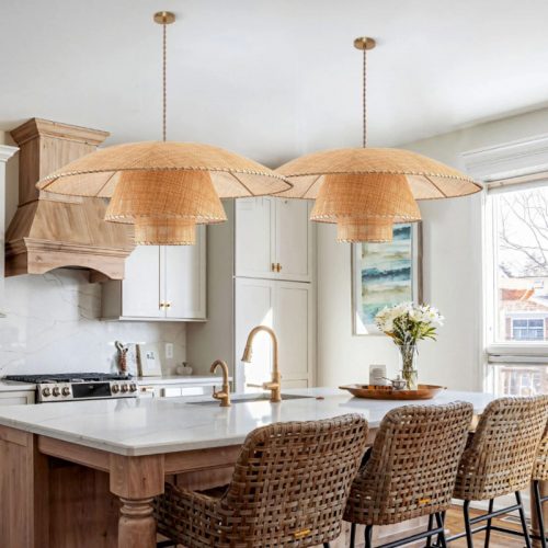 Chic Rattan Pendant Light Fixture Over Kitchen Island