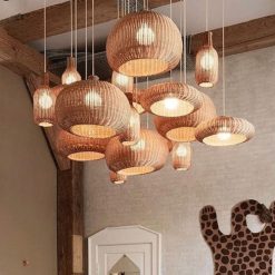 Woven Rattan Lampshade, Rattan Pendant Light Fixtures Rustic Lighting for Home Deco