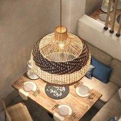 Black-White-Rattan-Pendant-Light-Over-Dining-Table-Top-View