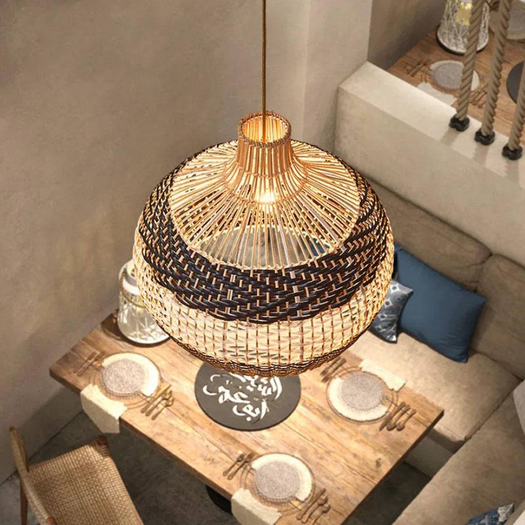 Black-White-Rattan-Pendant-Light-Over-Dining-Table-Top-View
