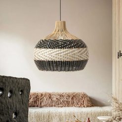 Black and White Rattan Pendant Light Above Sofa