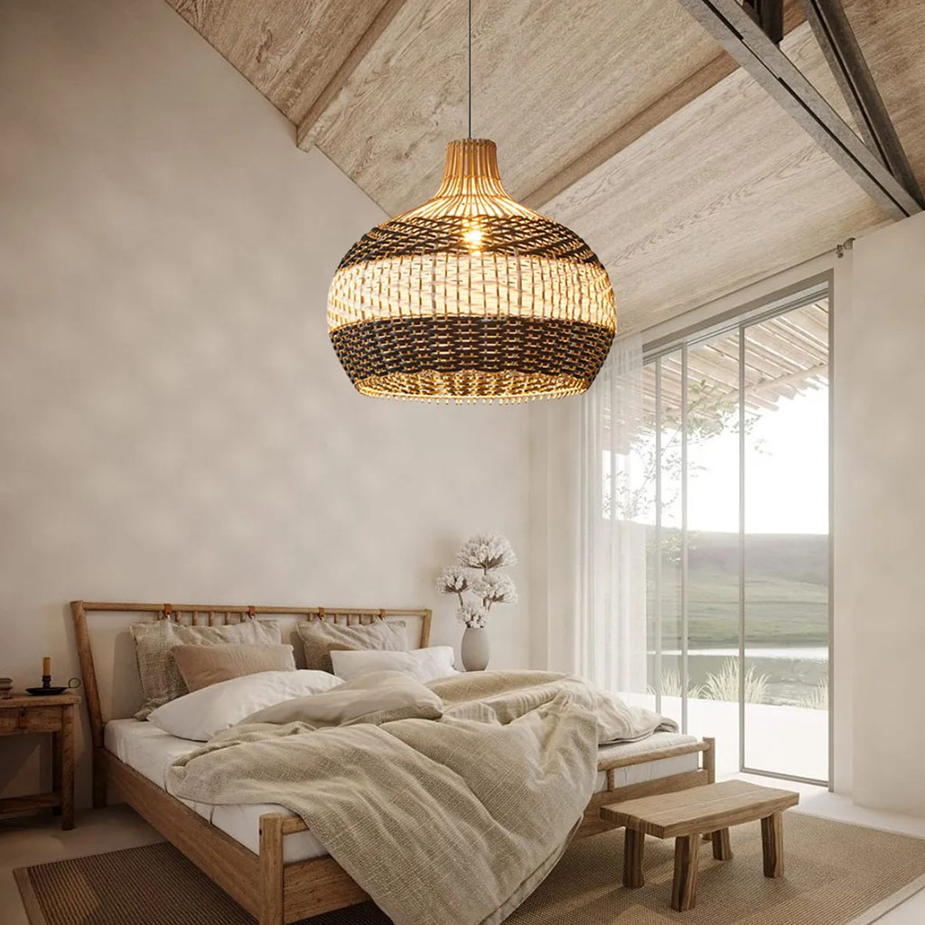 Black and White Rattan Pendant Light in Bedroom