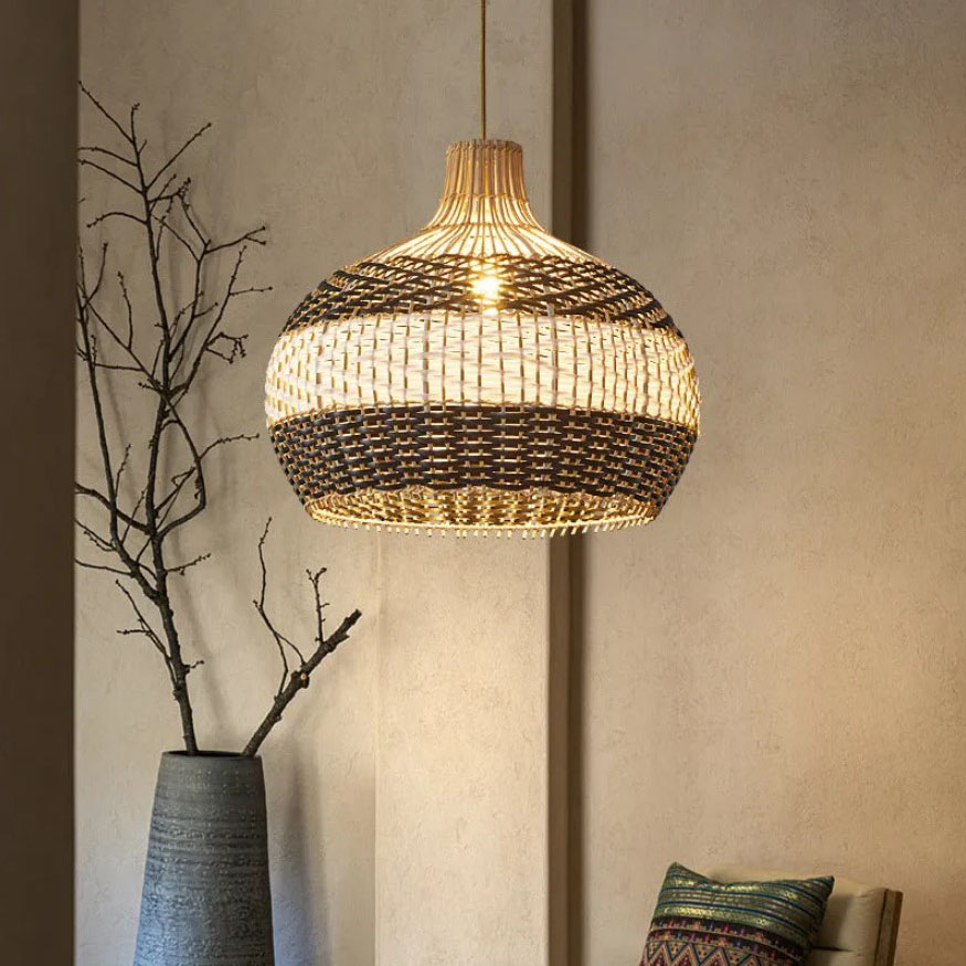 Black and White Rattan Pendant Light in Hallway