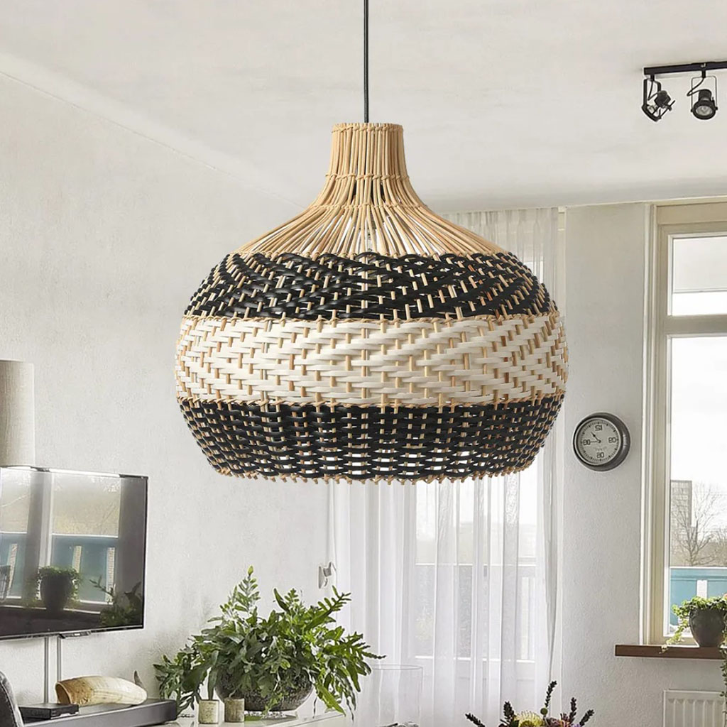 Black and White Rattan Pendant Light in Living Room