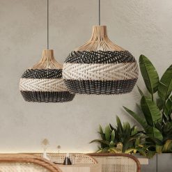 Black and White Rattan Pendant Lights – Set of Two in Living Room