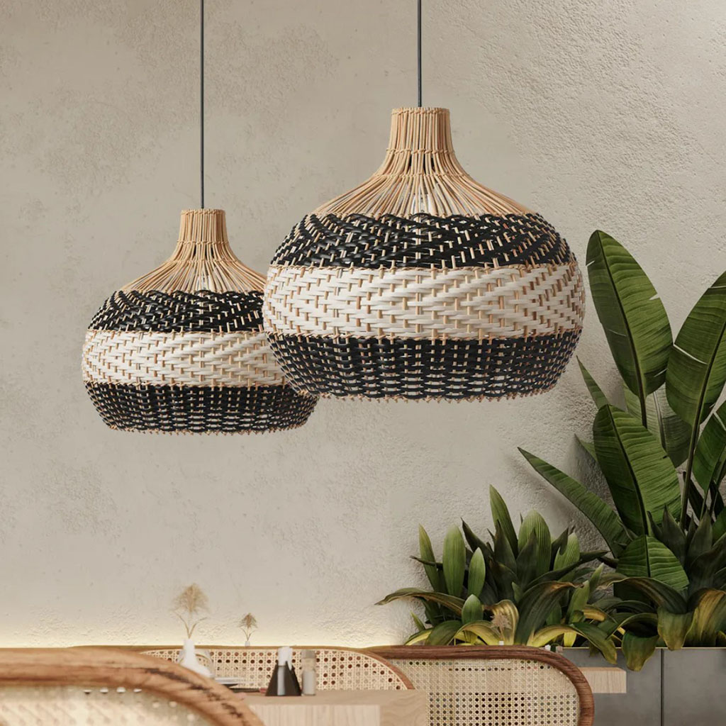 Black and White Rattan Pendant Lights – Set of Two in Living Room
