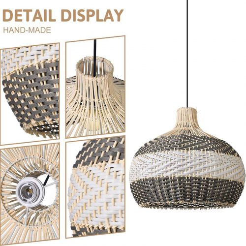 White Gray Rattan Pendant Light Fixture Detail
