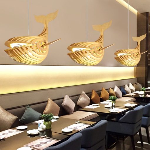 Modern Wooden Pendant Lights Cartoon Whales Light Fixture Living Dining Room Restaurant Lamp Shade