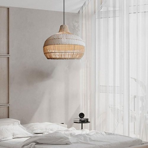 White Hanging Rattan Pendant Light Bedroom