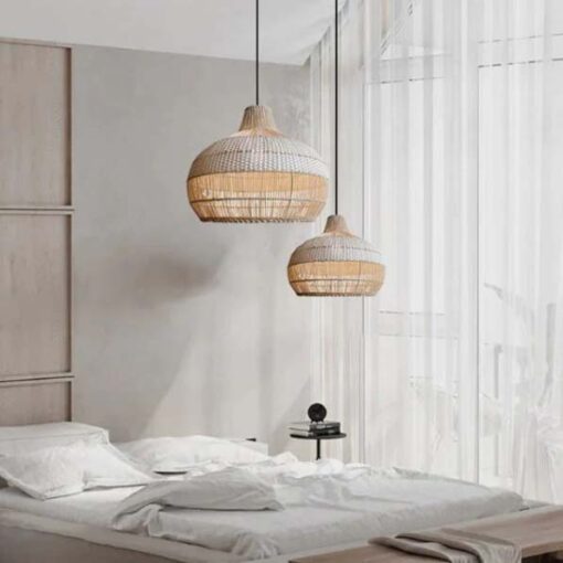 white lampshade pendant light fixture wicker rattan lamp bed room