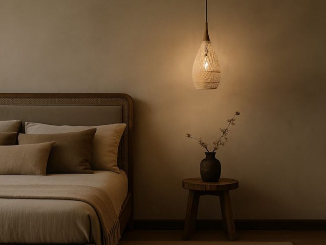 Bedside Wood And Rattan Pendant Light
