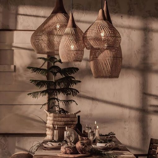 Wicker Rattan Pendant Light Kitchen Idea, Wood Top Lampshade