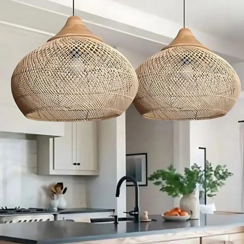 Wood & Rattan Light Fixture For Kitchen Island