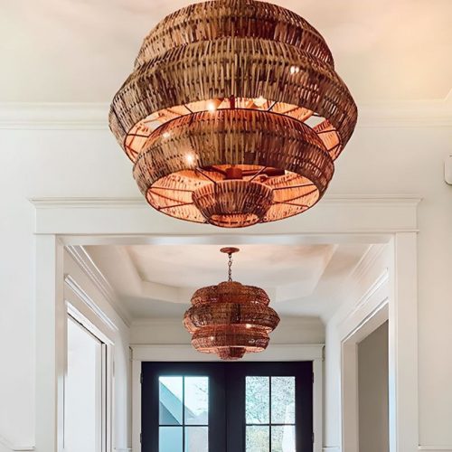Large Retro Rattan Chandelier 3 Tiers Hallway