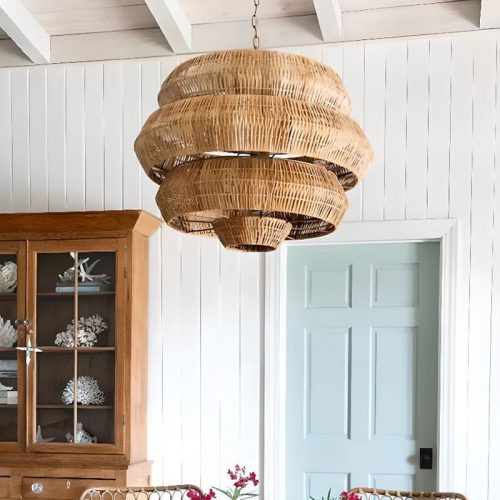 Large Retro Rattan Chandelier 3 Tiers Outdoor Patio