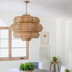 Large Retro Rattan Chandelier 3 Tiers Over Table Hanging
