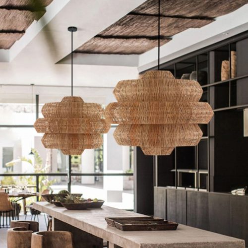 Large Retro Rattan Chandelier 3 Tiers Restaurant