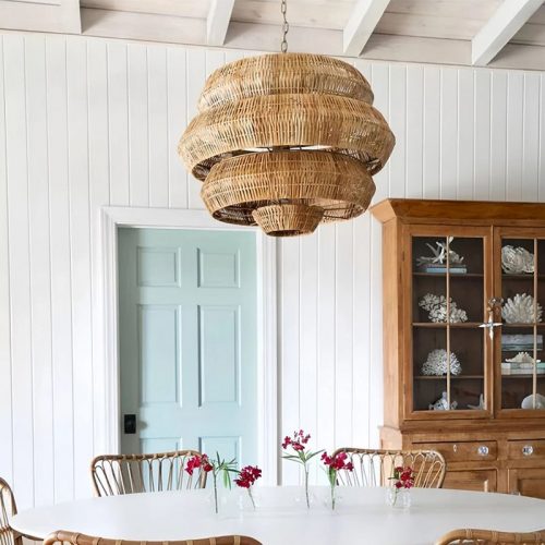 Retro Rattan Chandelier Over Dining Table