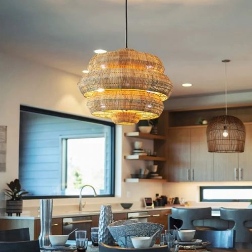 Retro Rattan Chandelier Over Kitchen Island