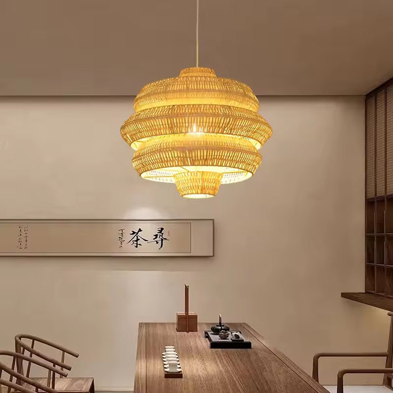 Tiered Rattan Chandelier Retro Pendant Light Woven Lampshade Livingroom