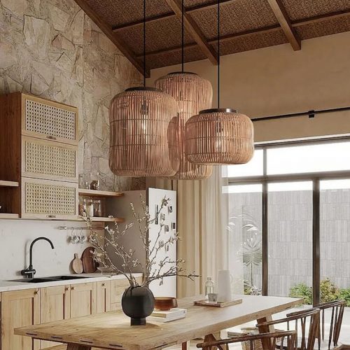 Create A Cozy, Rustic Vibe With Three Rattan Pendants Above Dining Table
