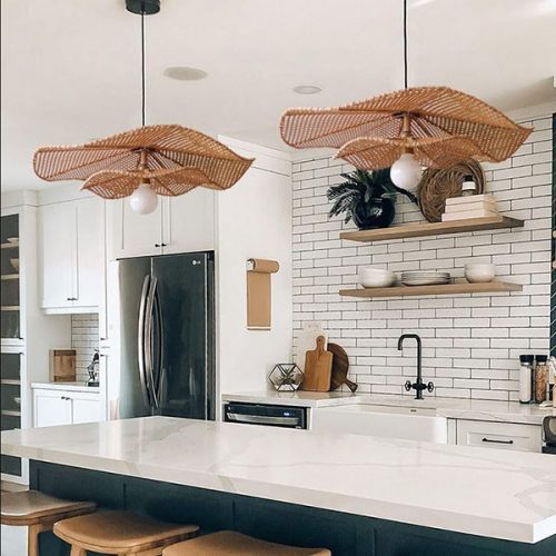 Rattan Lotus Pendant Light Over Kitchen Island
